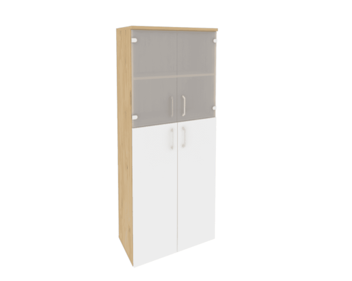 Шкаф высокий широкий (2 средних фасада ЛДСП + 2 низких фасада стекло) фасад белый бриллиант