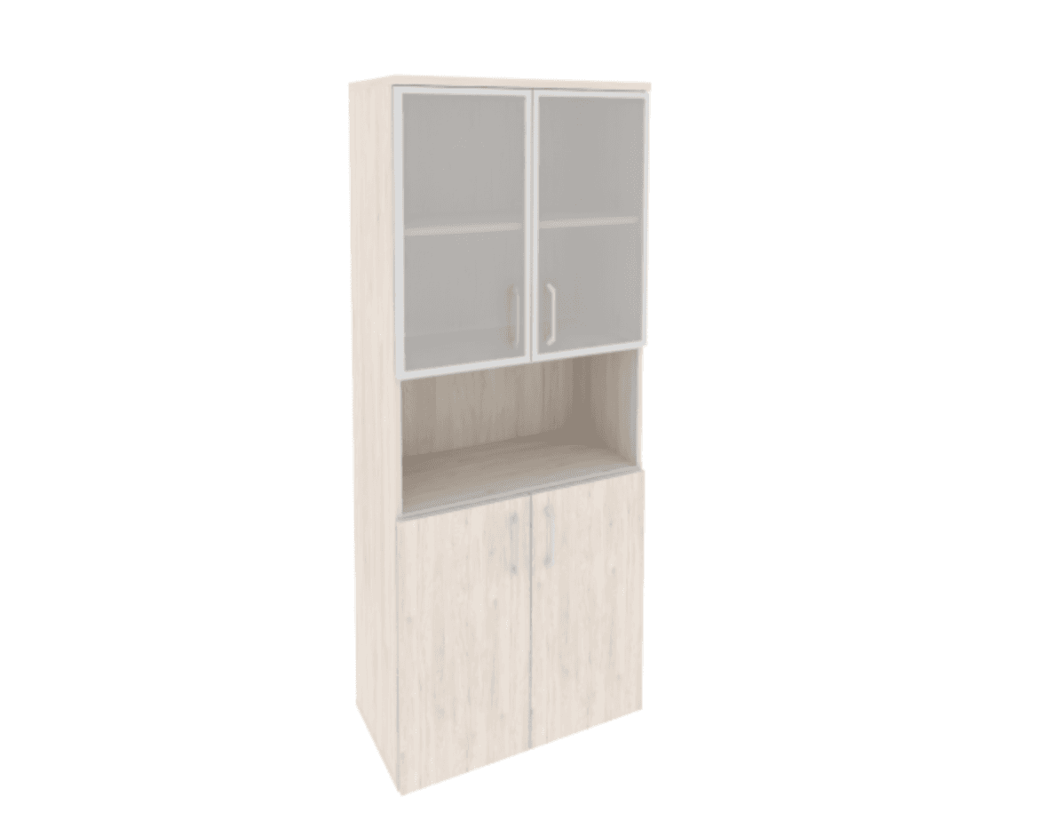 Шкаф высокий широкий (2 низких фасада ЛДСП + 2 низких фасада стекло в раме)