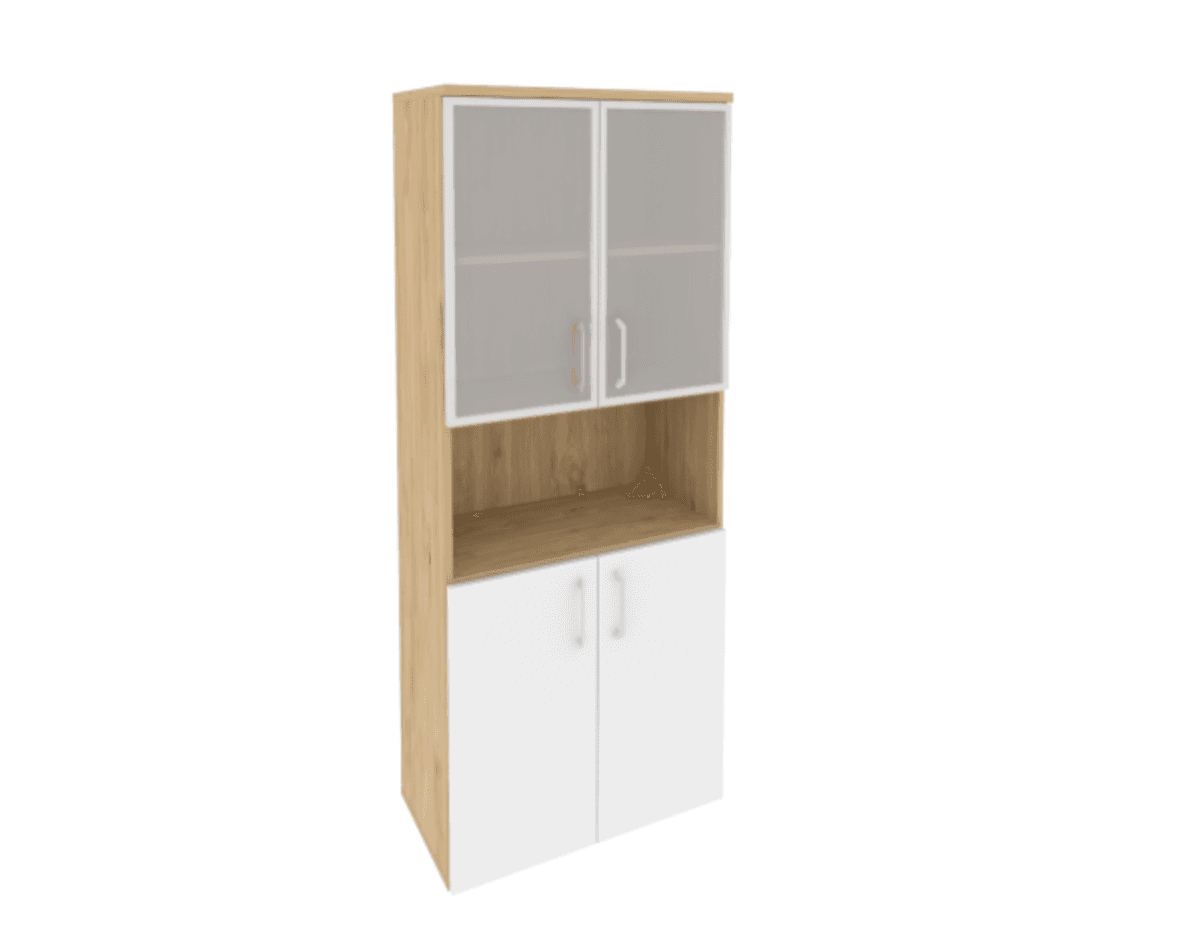 Шкаф высокий широкий (2 низких фасада ЛДСП + 2 низких фасада стекло в раме) фасад белый бриллиант