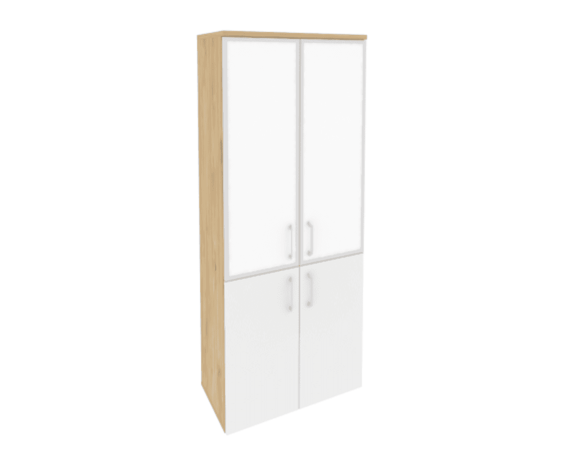 Шкаф высокий широкий (2 низких фасада ЛДСП + 2 средних фасада стекло лакобель в раме)