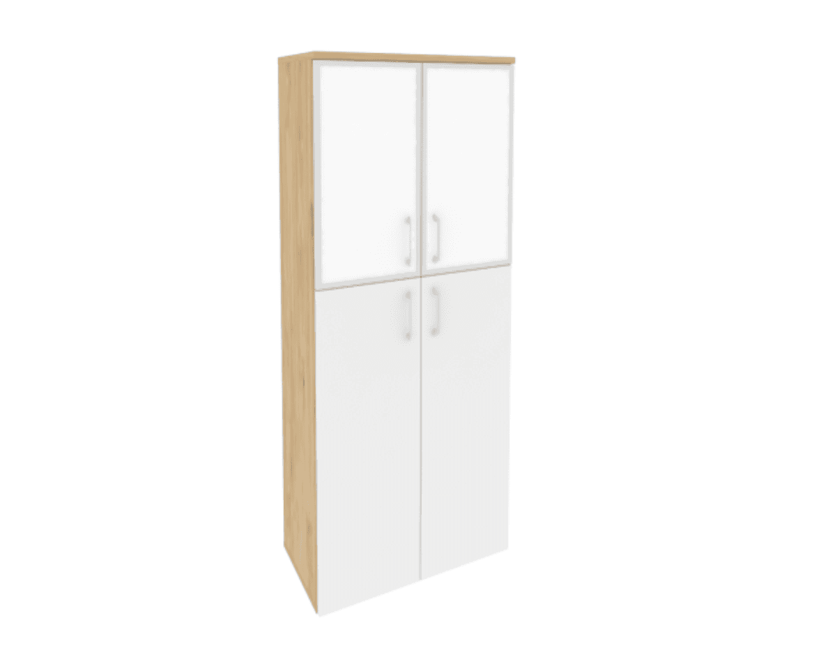 Шкаф высокий широкий (2 средних фасада ЛДСП + 2 низких фасада стекло лакобель в раме) фасад белый бриллиант