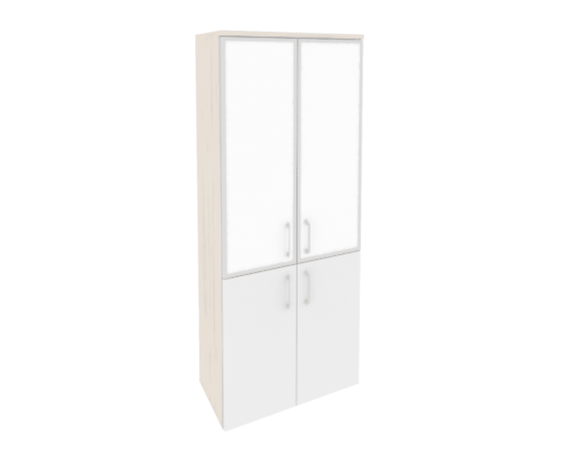 Шкаф высокий широкий (2 низких фасада ЛДСП + 2 средних фасада стекло лакобель в раме)