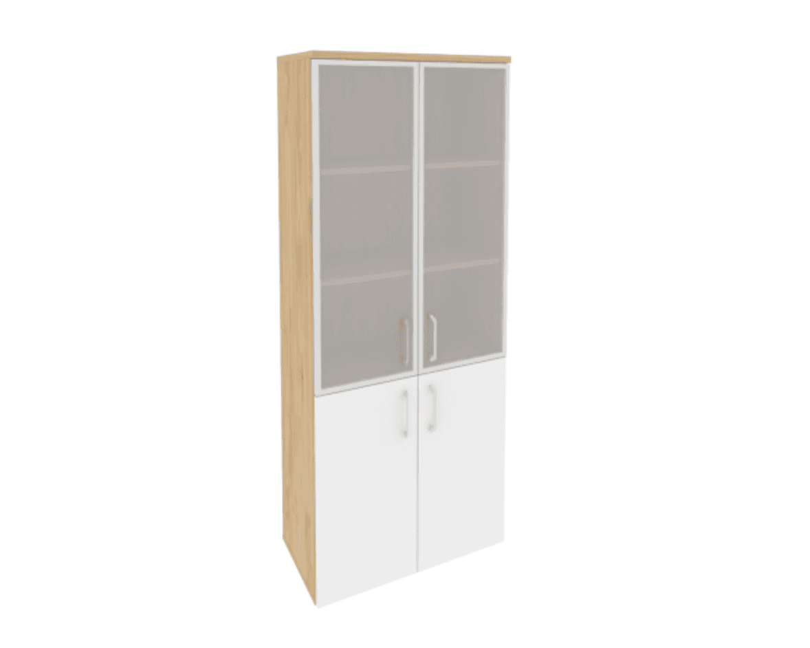 Шкаф высокий широкий (2 низких фасада ЛДСП + 2 средних фасада стекло в раме) фасад белый бриллиант