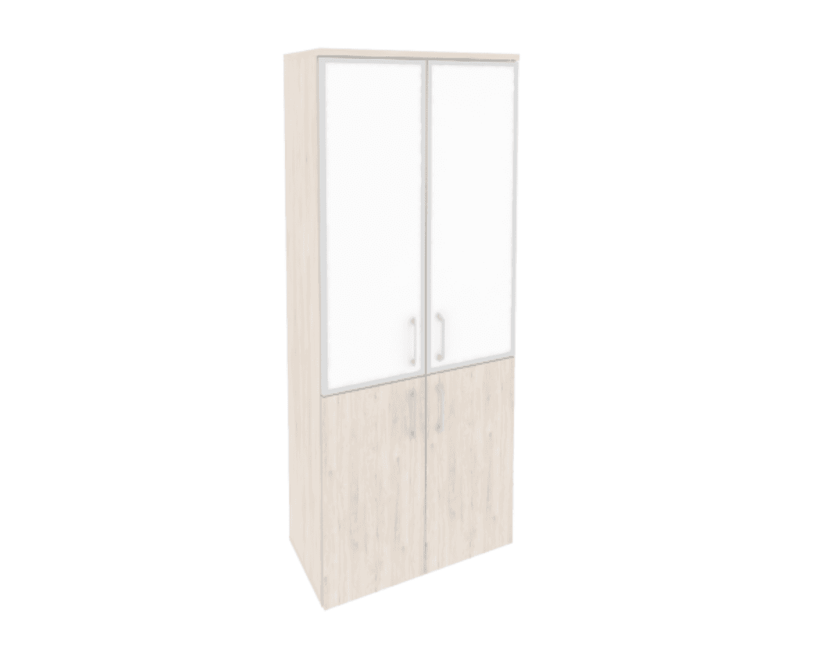 Шкаф высокий широкий (2 низких фасада ЛДСП + 2 средних фасада стекло лакобель в раме)