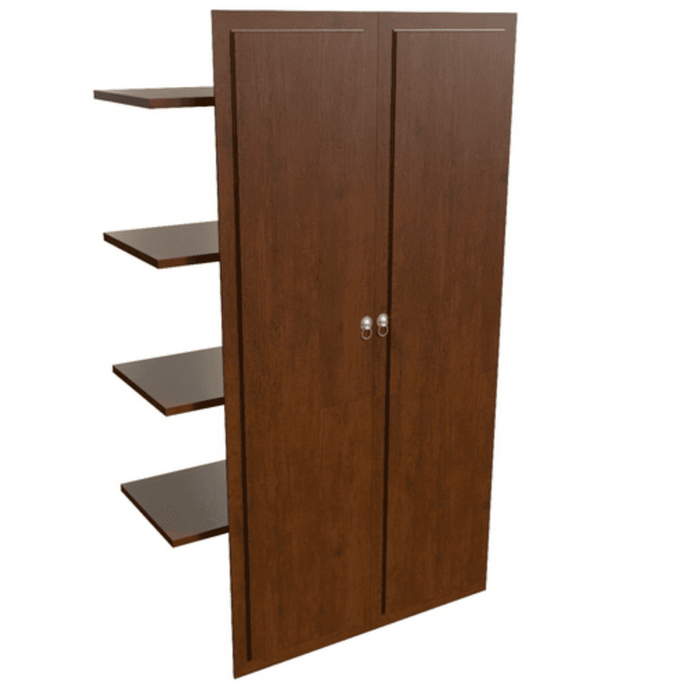 Наполнение двустворчатого шкафа с деревянными дверьми и вешалкой