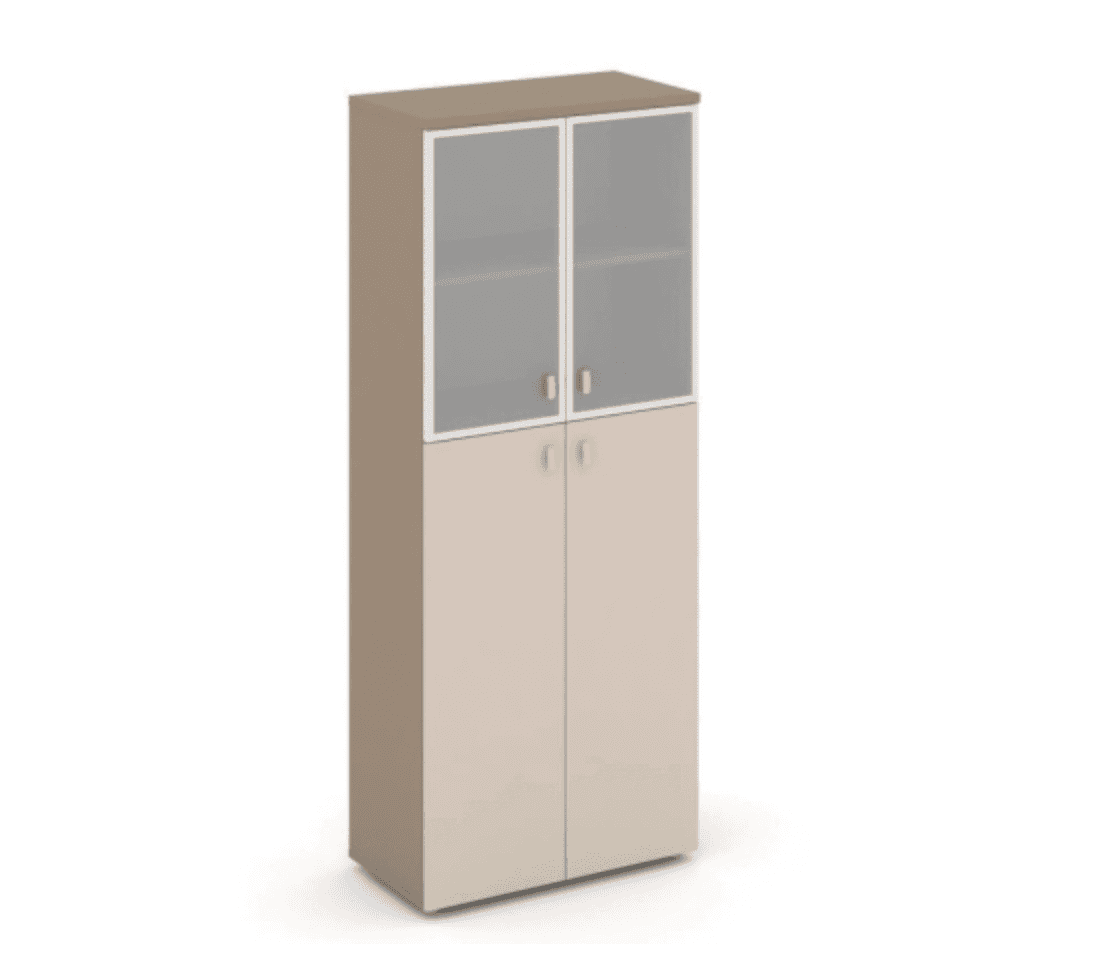 Шкаф высокий широкий (2 средних фасада ЛДСП + 2 низких фасада стекло в раме сатин матовый) - основание латте