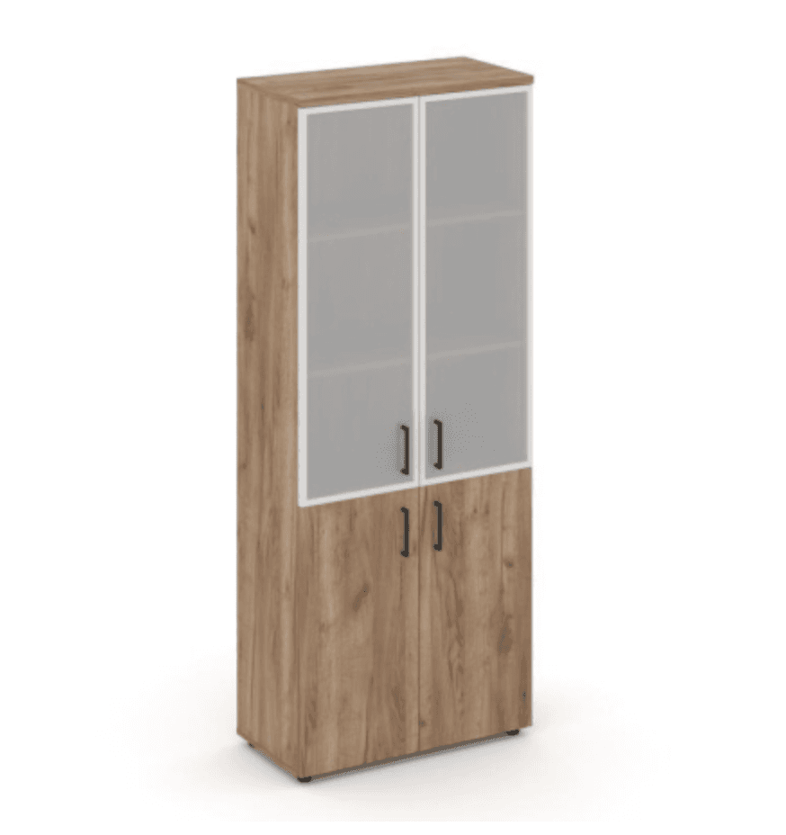 Шкаф высокий широкий (2 низких фасада ЛДСП + 2 средних фасада стекло сатин в раме)